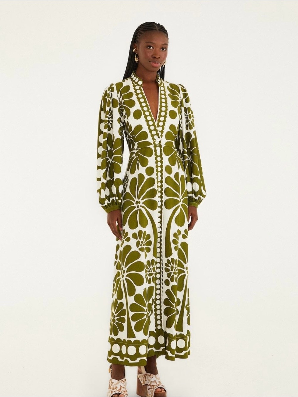 Farm Rio Green Palermo Buttoned Puff Sleeve Maxi Dress
